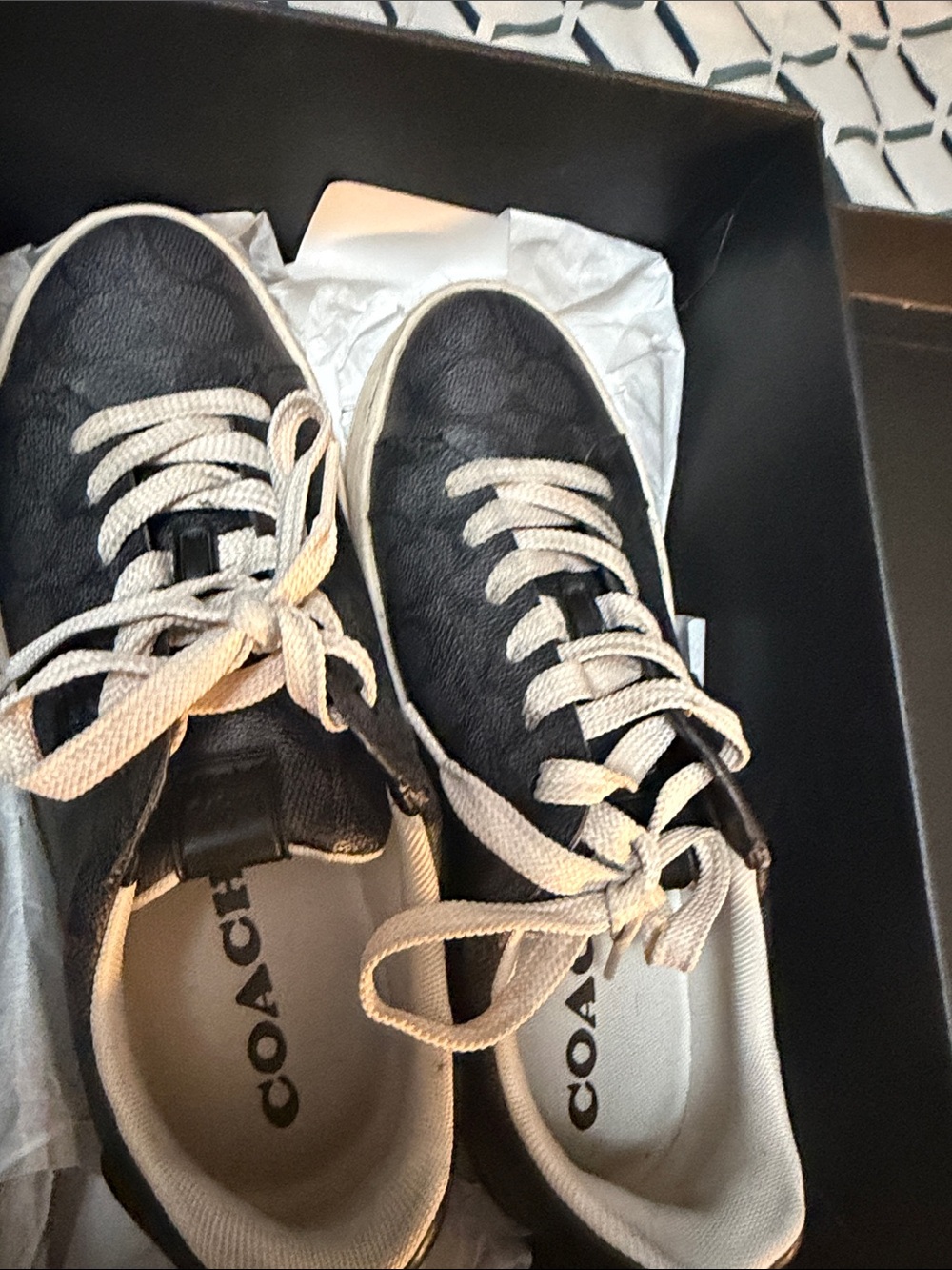 Coach Black Leather Low-Top Sneakers with Cream Laces